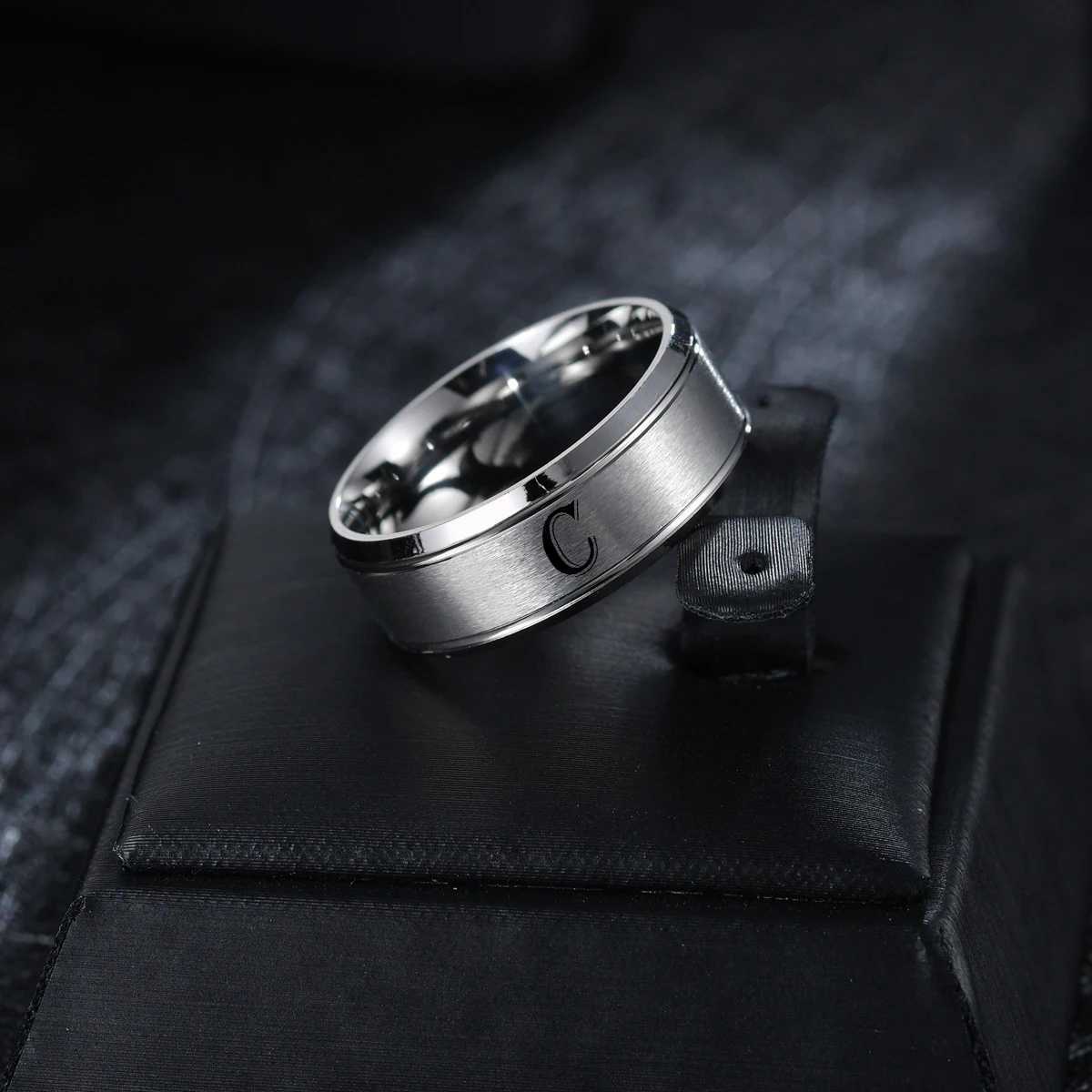1 pc of fashionable 26 English letter ring double beveled frosted double line mens stainless steel ring S250716