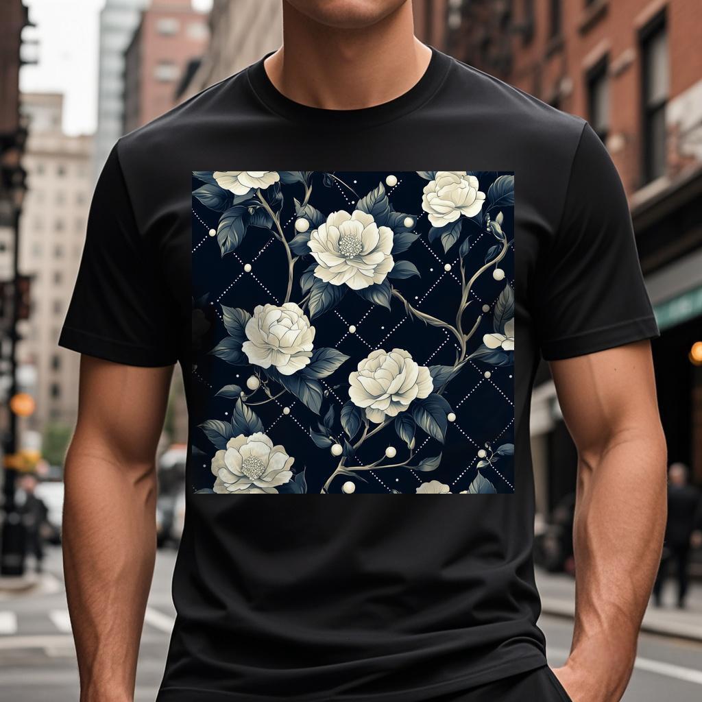 T-shirt with white roses and constellations on a dark background T Shirts Round collar Wed cb i