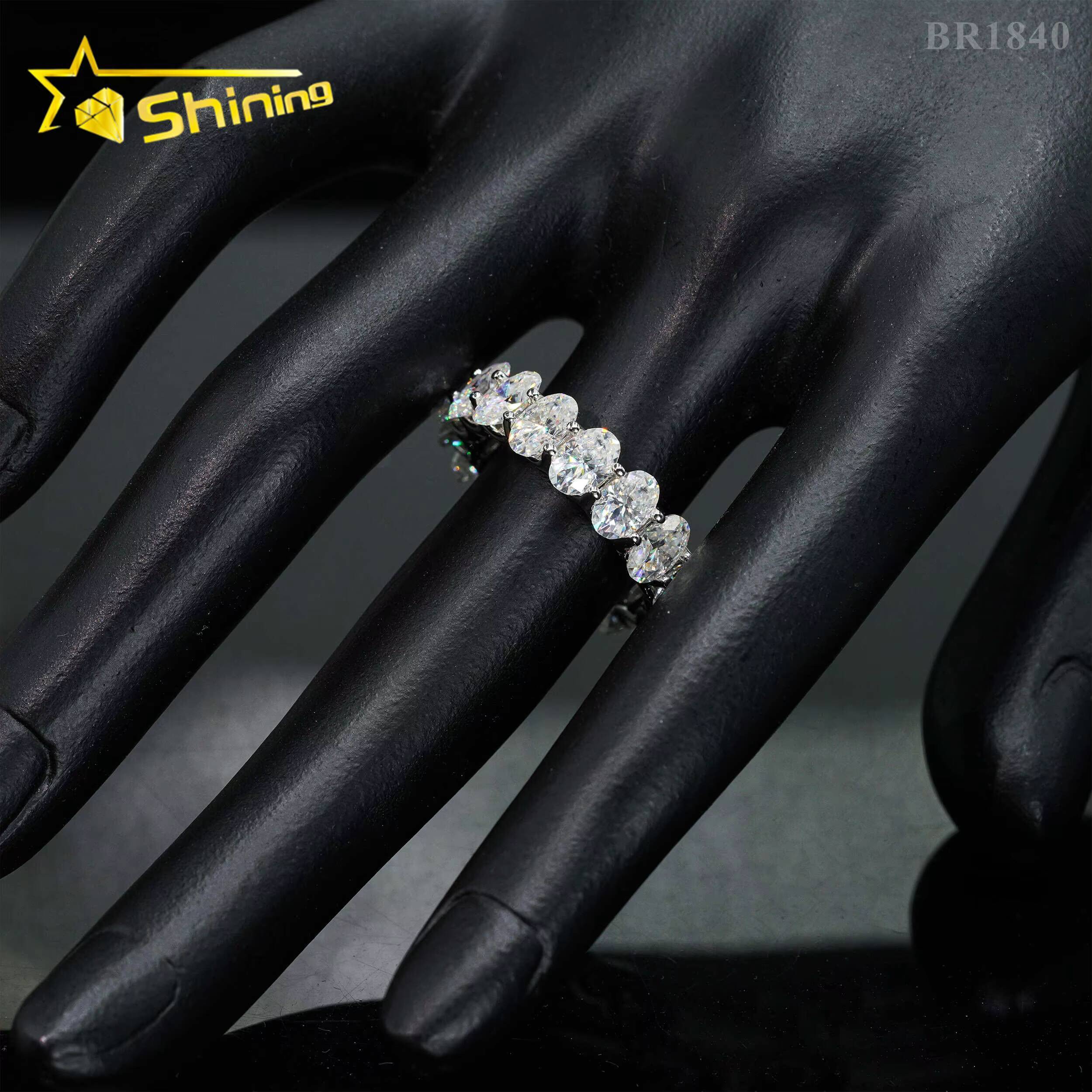 Wholesale 3*5MM 4*6MM Gold Plated 925 Sterling Silver Fine Jewelry Iced Out Diamond Oval Moissanite Hip Hop Eternity Band Ring