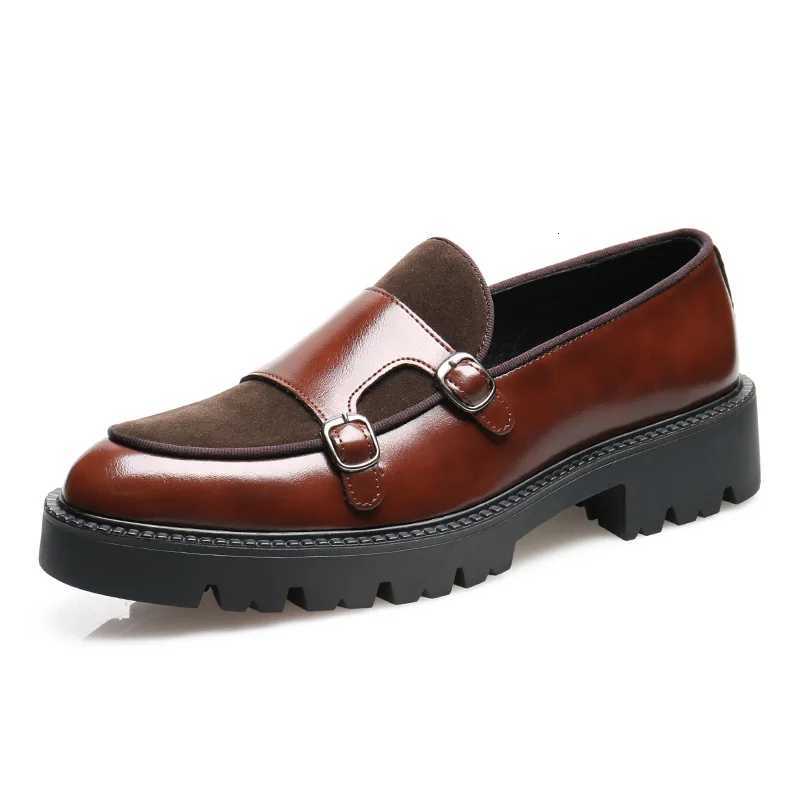 Fashion Mens Casual Leather Shoes Men Classic British Style Monk Loafers Mens Slip-on Thick Sole Heightened Shoe Patchwork W250716