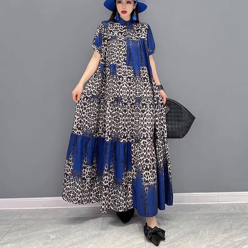 Korean Style Painting Fashion New Woman Summer Casual Loose Fit Yellow Blue Leopard Printed Long Boho Dress Robe JJXD071 dongdumaoyi