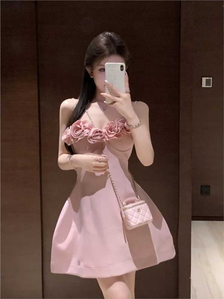 Women Summer Spaghetti Straps French Style Princess Pink Prom Gown 3D Flowers A-line Mini Party Dresses Lovely Tutu Dress R250716
