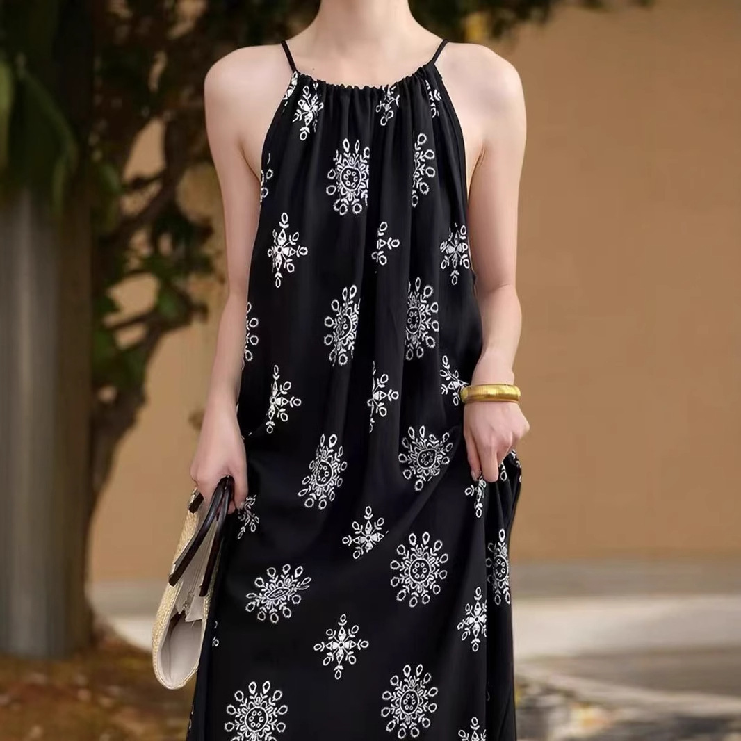 2025 Ethnic Style Xinjiang Loose Retro Printed Tie Strap Vacation Plus Size Summer Dress
