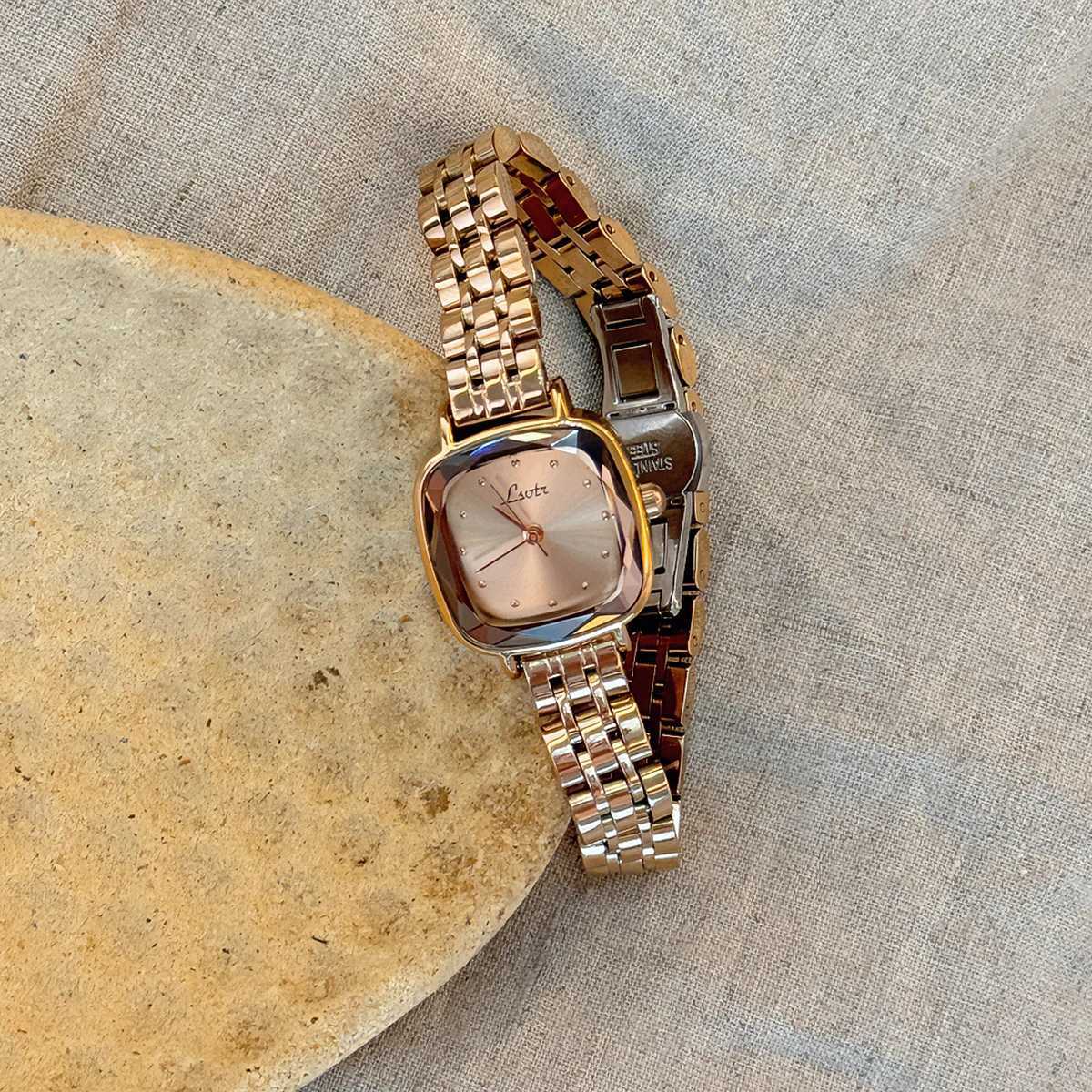 1pc New Arrival Solid Stainless Steel Strap Casual Simple Fashionable Waterproof Mini Square Mens Quartz With Rose Gold Y250715