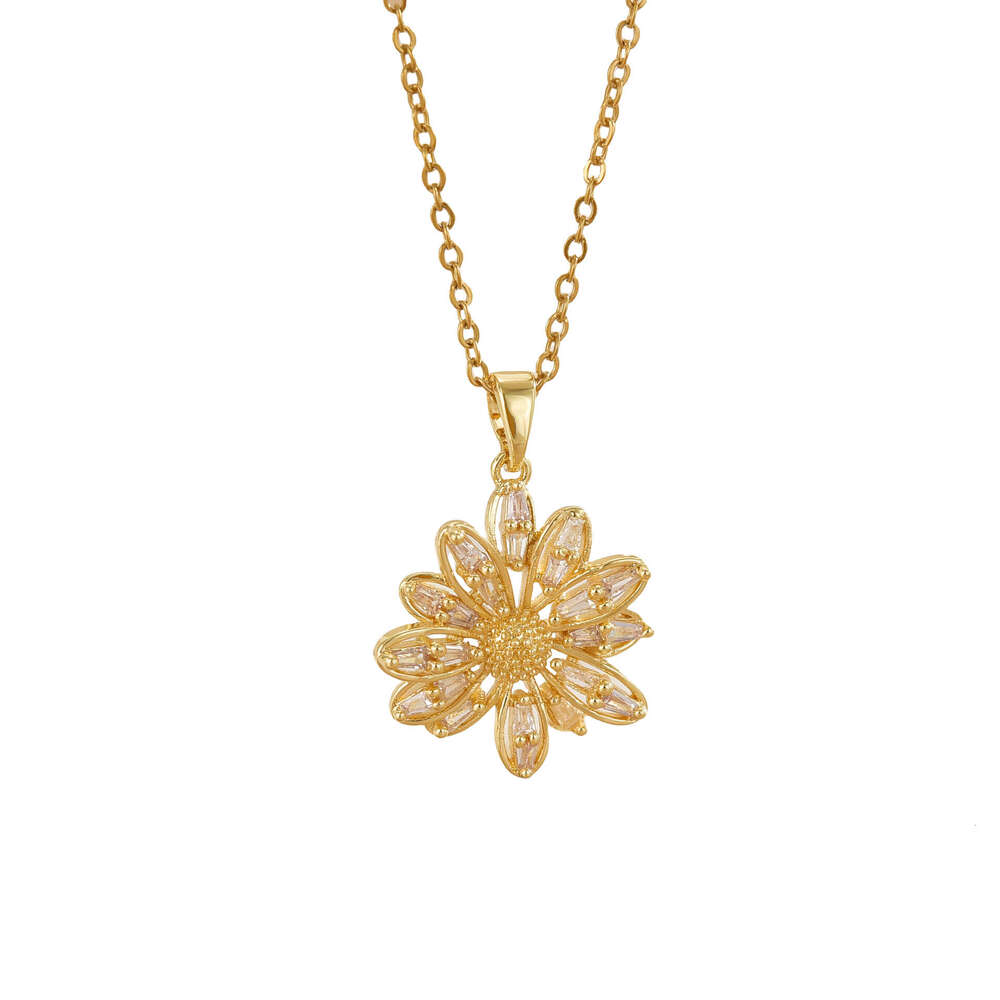 Micro Pave Zircon Flower Design Pendant Necklace For Women, Copper Plated Real Gold, Fashionable And Versatile With A High-End Feel B5f