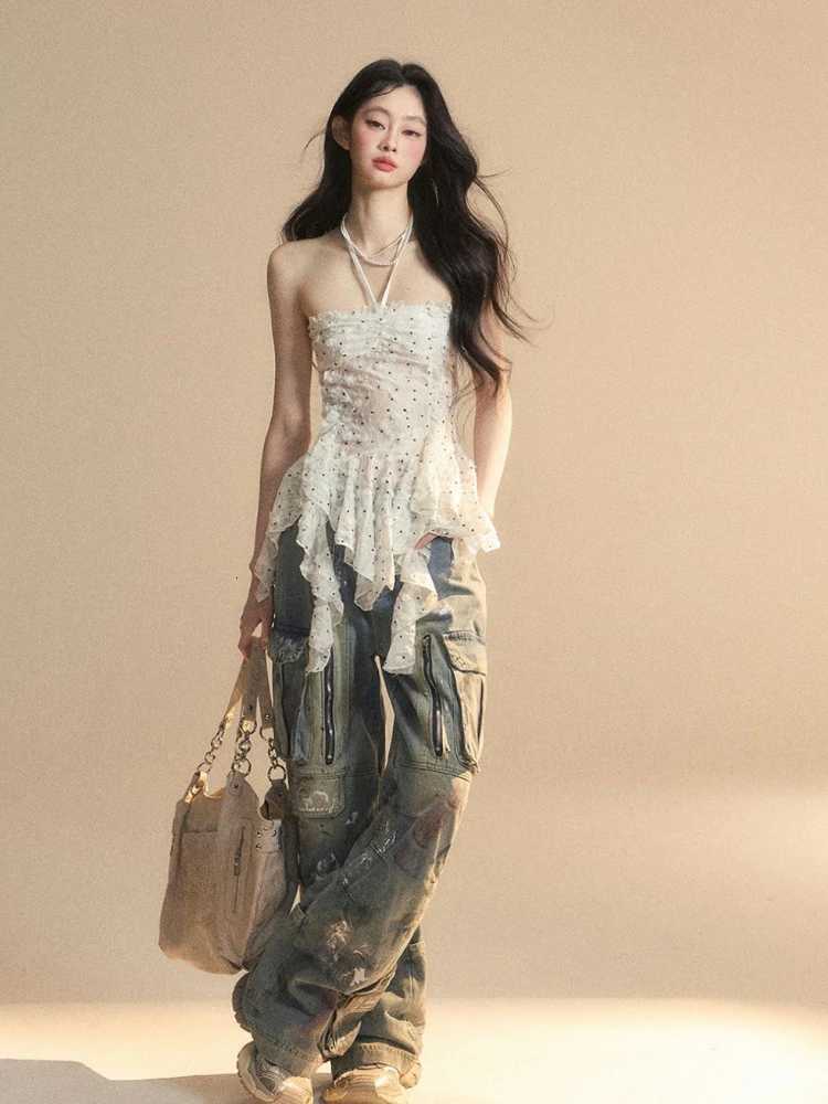 Streetwear Wave Point Women Halter Camisole Vintage Irregular Ruffled Tanks Summer Grunge Sexy Y2k Aesthetic Fairy Vest Tops R250716