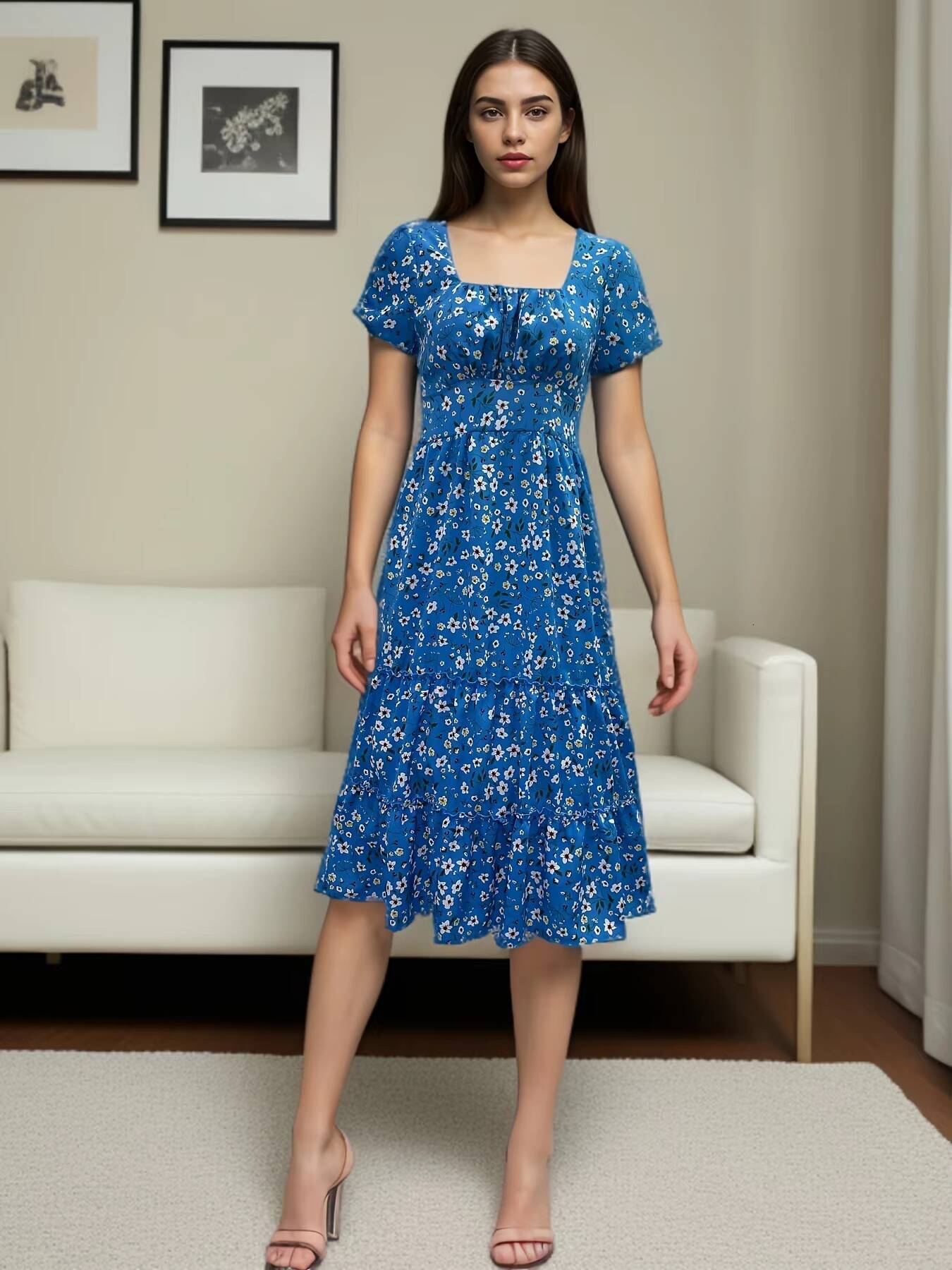 Summer Womens Beach Sweet Dresses Vestidos Vintage Print Puff Sleeve Casual Square Collar Floral Female Maxi Long Dress dongdumaoyi