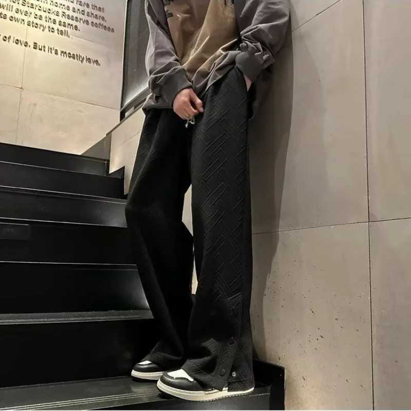 igh Street Vintage Casual Buckle Side Split Loose Wide Leg Pants Mens Solid Elastic Waist Drawstring Pockets Straight Trousers y250716