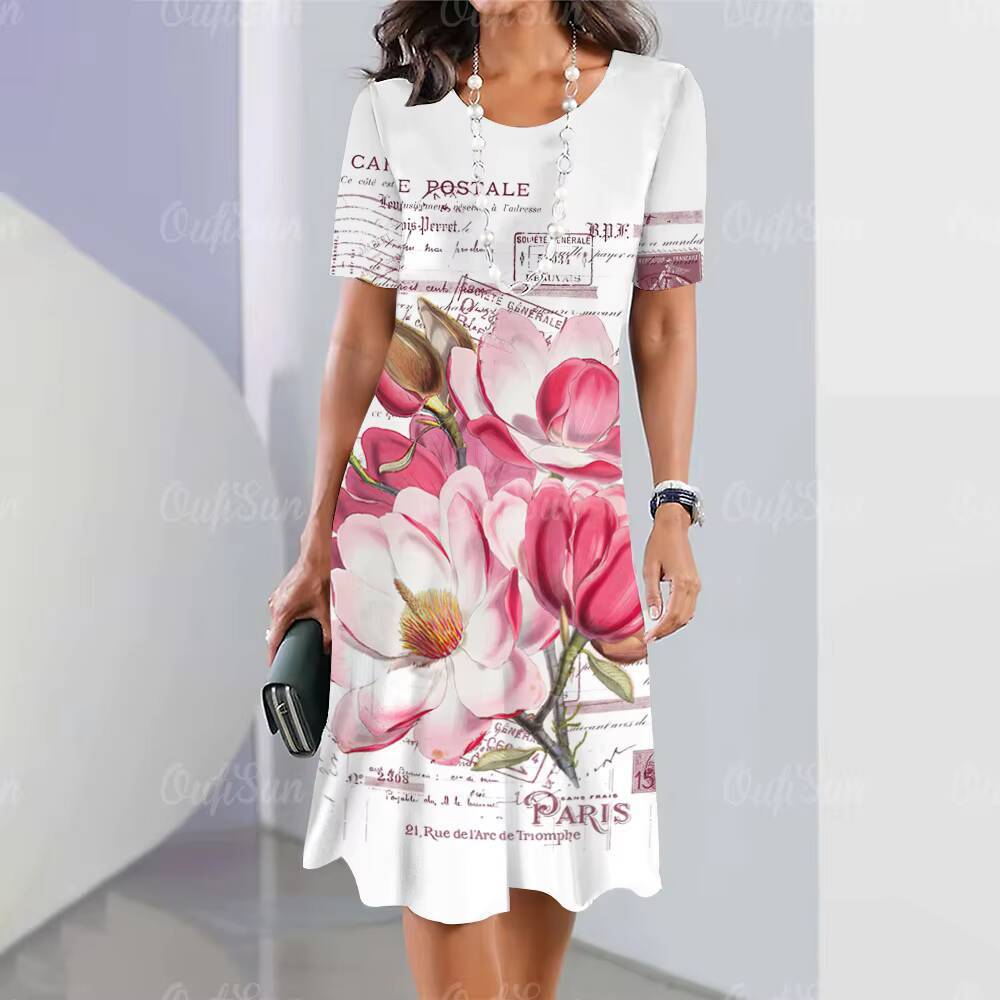2024 New Womens Floral Printed Summer Luxury Midi Dresses Feamle Short Sleeve Dress Fashion Oversized Clothes dongdumaoyi