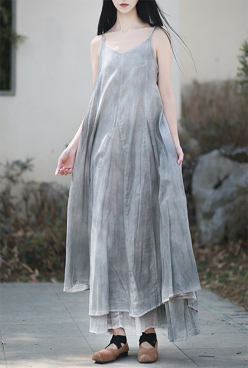 2025 25 DIY Plant-Dyed Spray-Dyed Strap Long Dress Irregular Large Hem Artistic Cool Blue