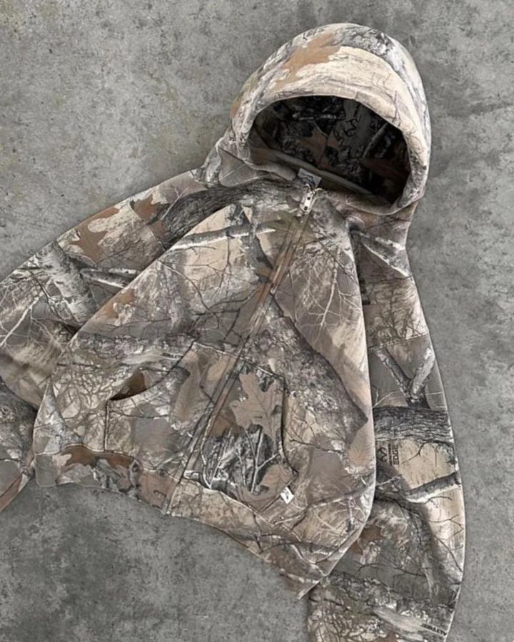 Camo Zip Hoodie Y2K Clothes Mens Hip Hop Retro Leaves Graphic Oversized Sweatshirt Gothic Casual Jacket 250709