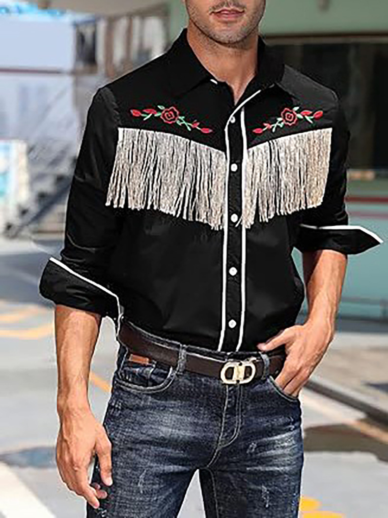 2025 Autumn/Winter American Men's Western Cowboy Tassel Embroidered Flower Shirt Long Sleeve Pure Cotton Cardigan