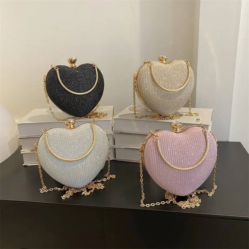 Evening Clutch Women Shiny Handbag Heart Shape Metal Clutches Fashion Chain Shoulder Crossbody Bag Lady Purse