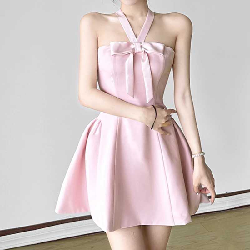 1M Hot Bow Halter-Neck A-Line Dress Pink Coquette Aesthetic Puffy Mini Dresses for Party Evening Holiday Outfits Sexy Robe New R250716