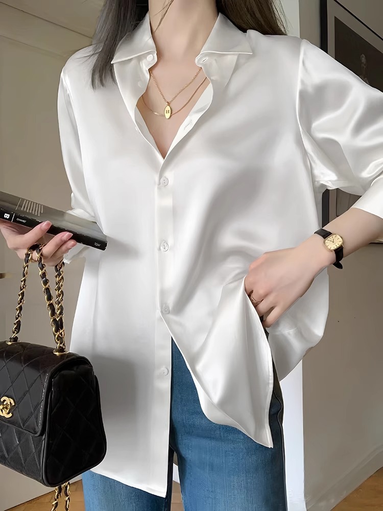 2025 autumn new French satin silk long sleeved casual solid color shirt high-end women's shirt