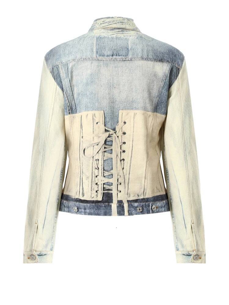 Blue Printed Big Size Casual Denim Jacket New Lapel Long Sleeve Women Coat Fashion Tide Spring Autumn 2025 7Ab4540
