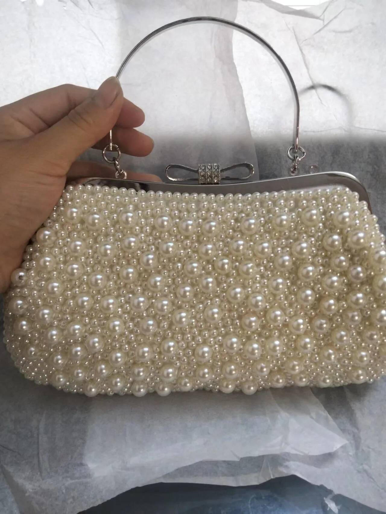 Handmade String - Pearl Dinner Bag, Embroidered Bead Clutch, Beige For Wedding & New Year Carteras De Fiesta Flores