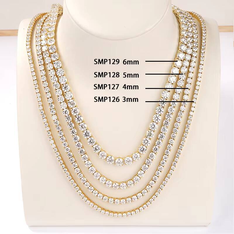 Hiphop Jewelry Necklace 3mm 4mm 5mm 6mm Round Cut S925 Silver Moissanite Chain Tennis Necklace