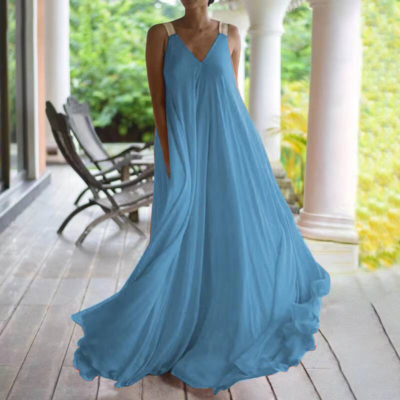 Fashion Spaghetti Strap Solid Boho Dress Summer Womens V Neck Sleeveless Loose Maxi Long Dresses New 2024 For Women Robe Femme dongdumaoyi