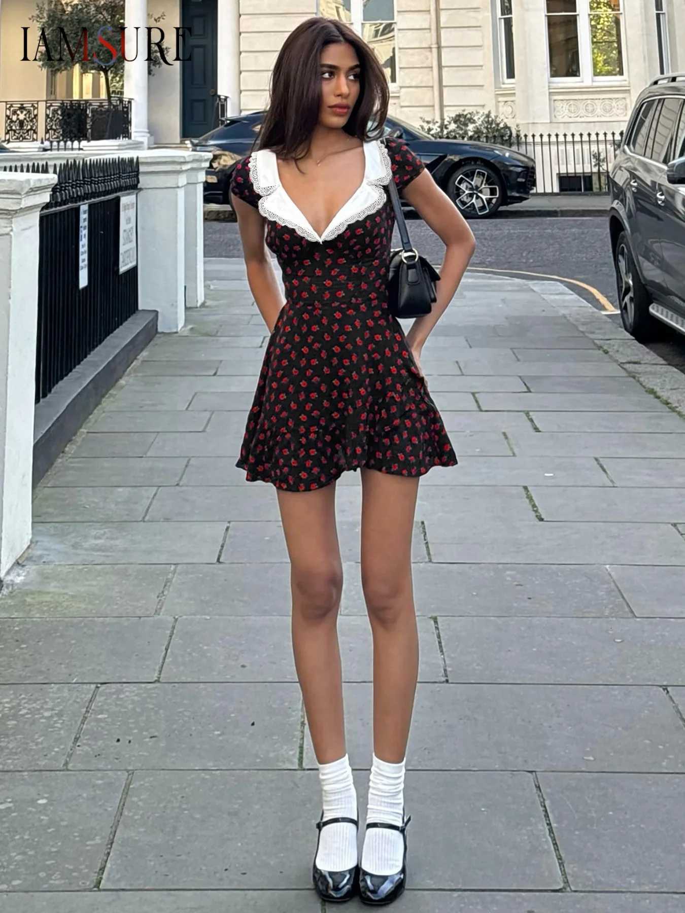 1Masure Prairie Chic Slim Lace Trim Rose Dress Sexy Sweet Deep V-Neck Turn-Down Collar Short Sleeve Mini Dresses for Women 2025 R250716