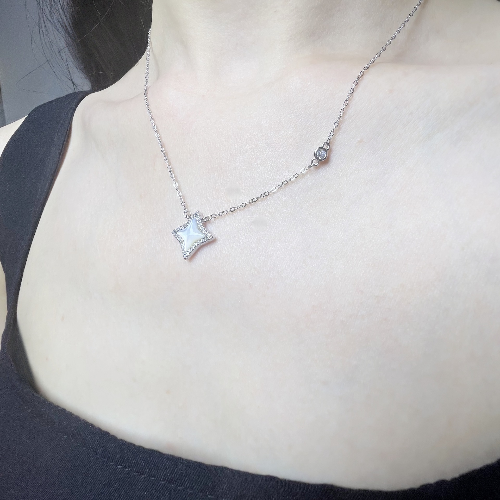 Elegant Silver - Toned Rhombus - Shaped Pink Opal Necklace With Rhinestone Halo And Chain Accents Dainty Sparkle For Everyday & Events High - Quality 