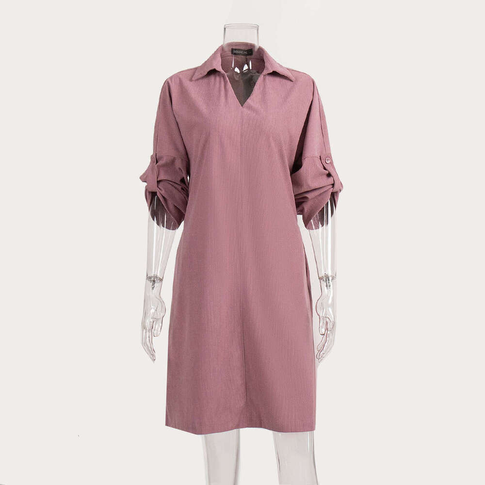 Corduroy Mid-Length Spring Summer Elegant Commuter Loose Turn-Down Collar Button Dress B5