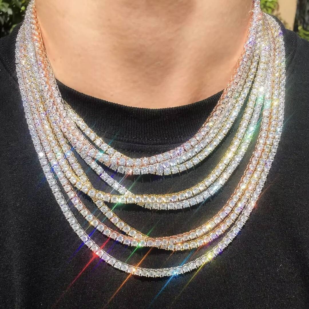 Hip Hop Iced Out Fine Jewelry Lab Diamond S925 Silver Vvs Moissanite Tennis Chain Necklace for Men Women