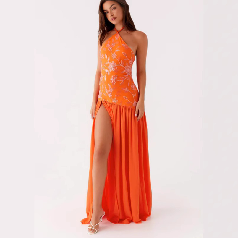 2025 New Cross-Border Women's Clothing Beaded Sequin Chiffon Patchwork Halter Neck Split Sexy Slim Dress