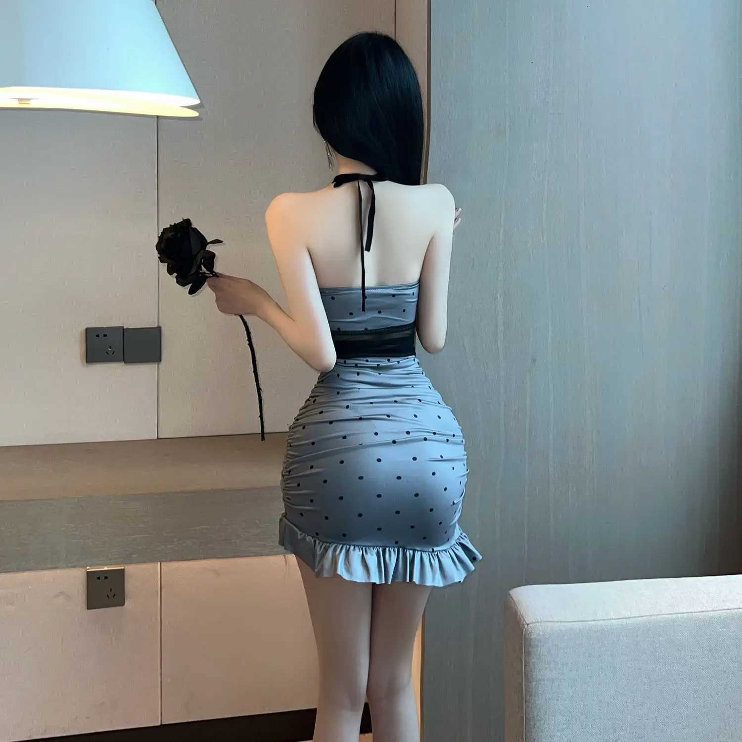 Sexy Slimming Lace Ruffle Halter Dress Low Cut Backless Waist Hollow Out Bodycon Mini Dress R250716