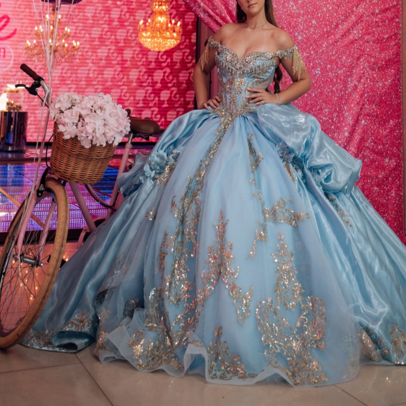 Sky Blue Shiny Quinceanera Dresses Ball Gown Off The Shoulder Applique Lace Beads Tull Corset Party Birthday Sweet 16 Dress Vestidos 15 Anos