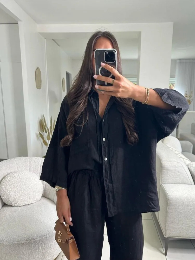 Summer Cotton Linen Lady Home Suits Casual Women Trousers Sets Lapel Single Breasted Long Sleeve Loose Top Wide Leg Pant Set 250715