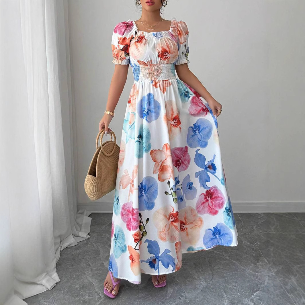 2025 Summer Amazon European and American New Style Puff Sleeve High Waist Cinched Printed Women's Flared Strap Dress