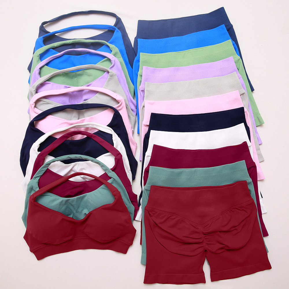 2pcs Impact gym Sports Set Seamless Yoga outfits Workout Sets shorts women matching Halter Bra Set Summer Fitness Clothes Gym Suits Outfit Active Wear