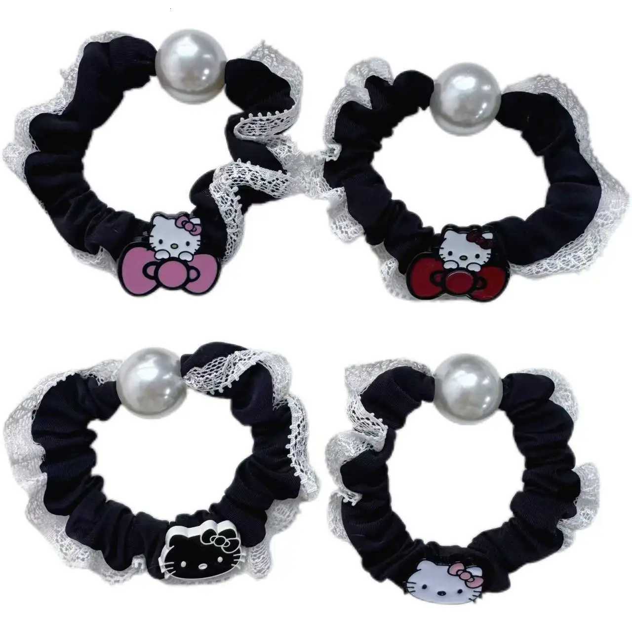 Sanrio 4pcs Sanrio Retro Small Fragrant Lace Edge Kitty Cat Hairband Girl High Ponytail Hair Ropew250716
