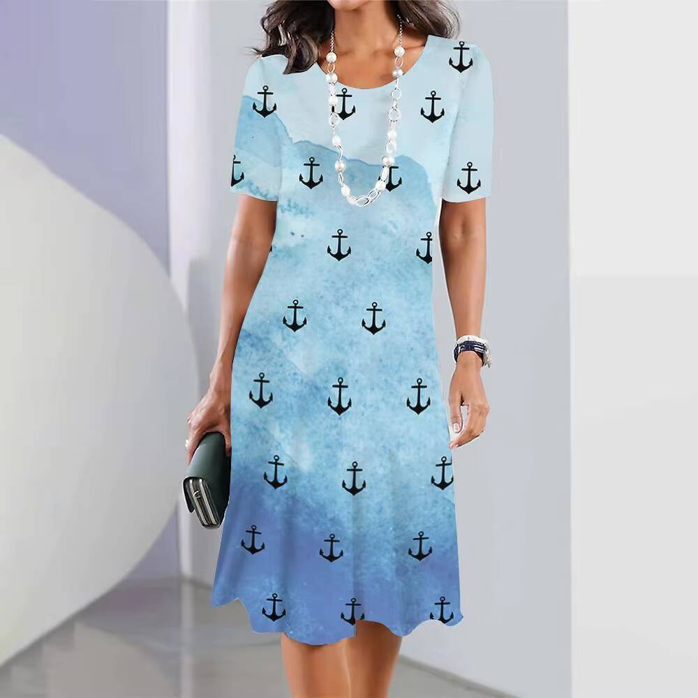 2024 New Womens Anchor Print Vacation Midi Female Elegant Dresses Summer Short Sleeve Dress Fashion Oversized dongdumaoyi