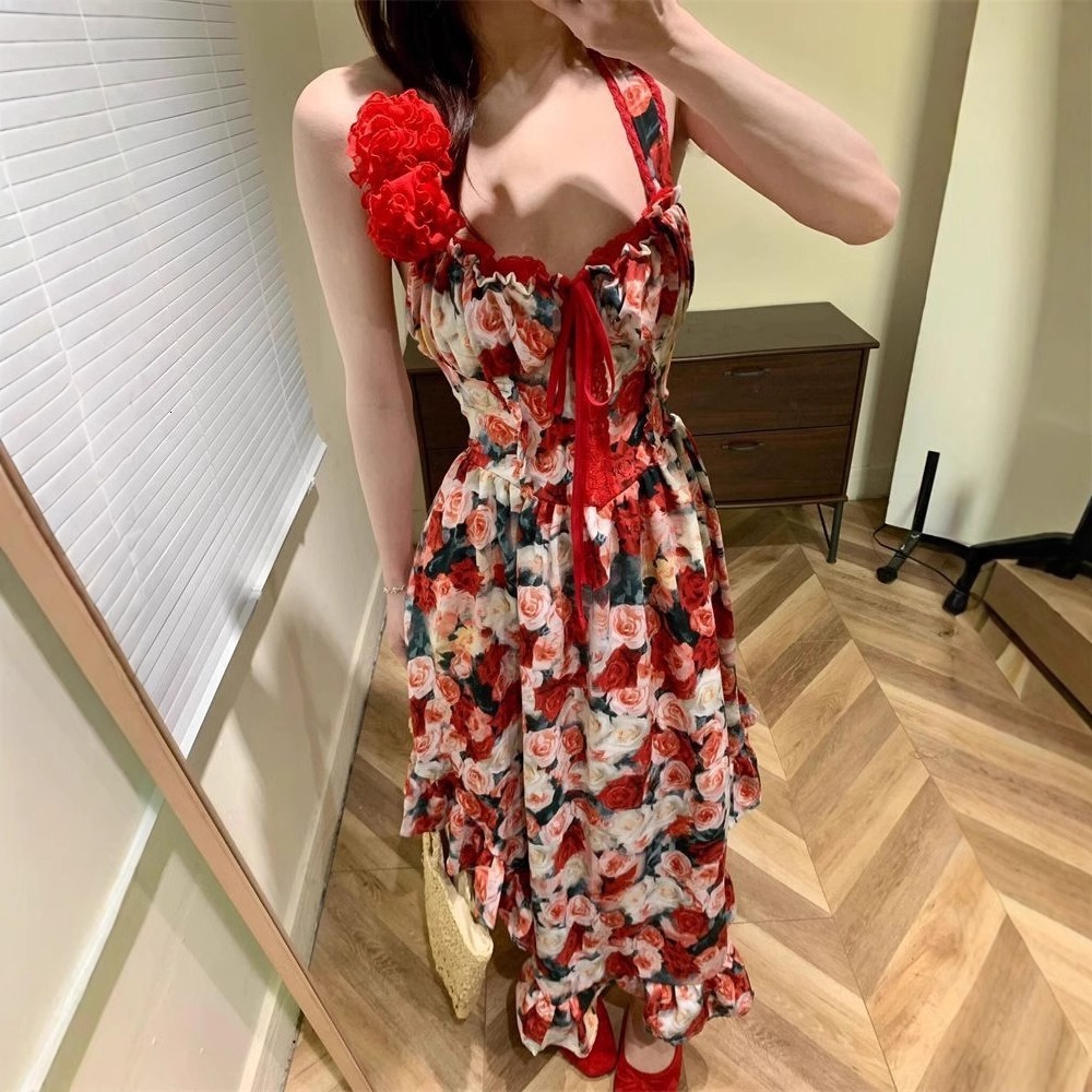 2025 Vacation Style Pure Desire Sensual Sister Irregular Summer New Women's Dress Red Floral Design Long