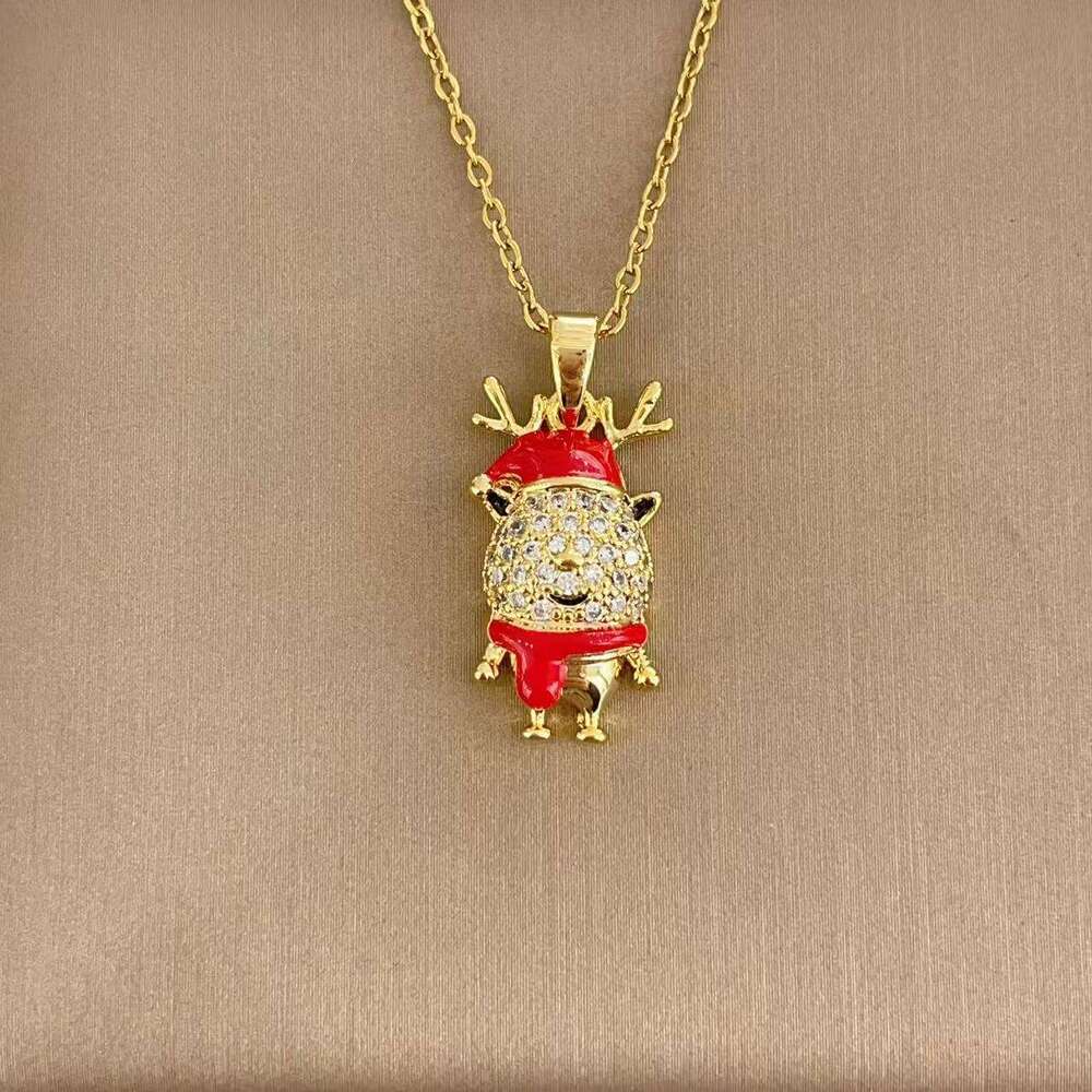 For Women New Copper Inlaid Zirconium Plated Real Gold Christmas Reindeer Antler Design Snowman Necklace Jewelry Ca7