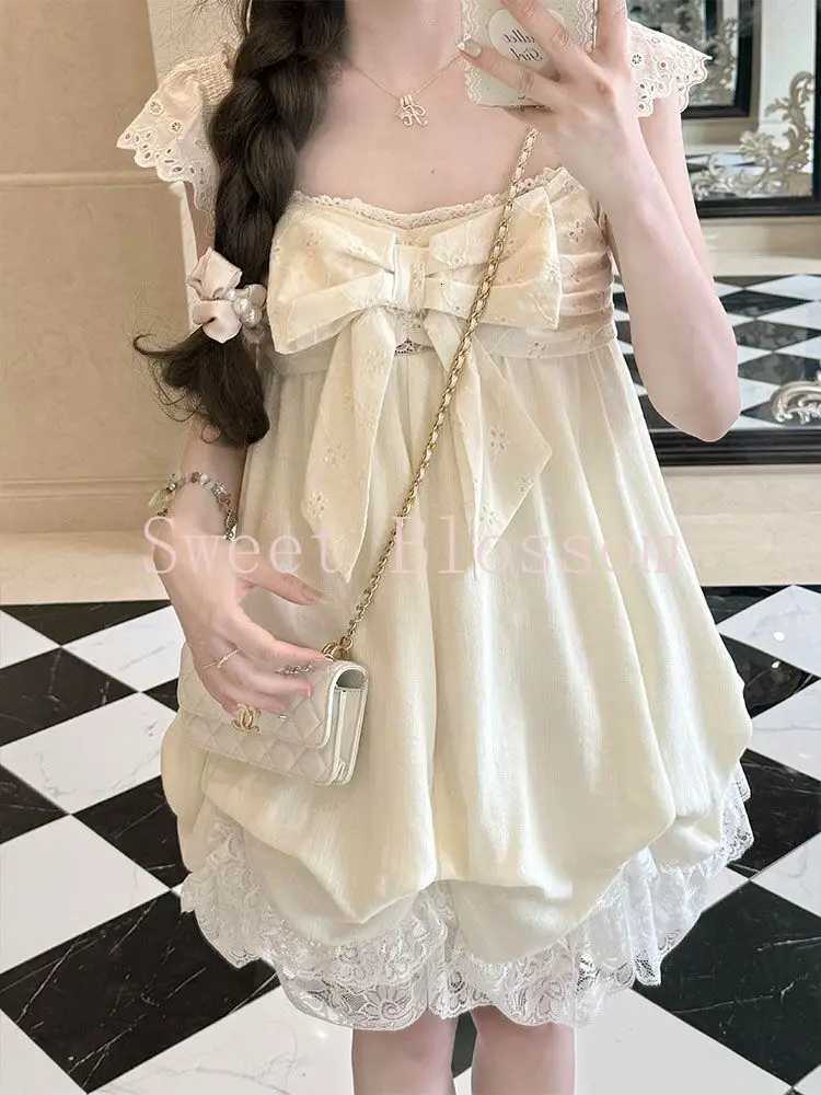 Japanese Sweet Lolita Cute Dress Women Bow Lace Sleeve Fairy Mini Dresses New Fashion Elegant Kawaii Harajuku Slim Clothing 2025 R250716