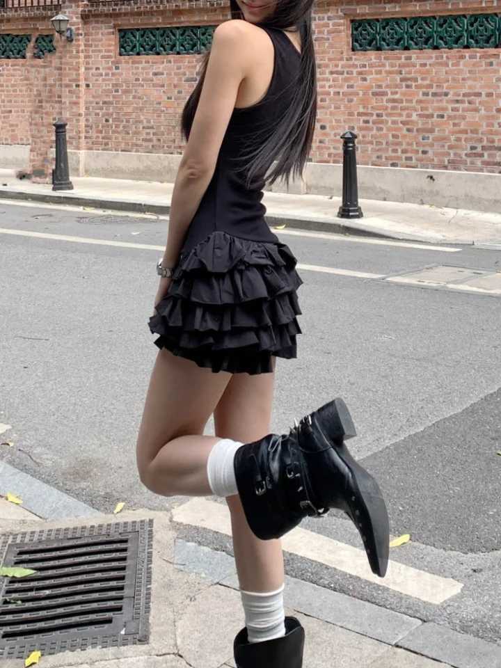 Sexy U-Neck Sleeveless Mini Dresses Fashion Women Summer New White Solid Y2K Ruffle Pleated Cake Bodycon Casual Party Dresses R250716