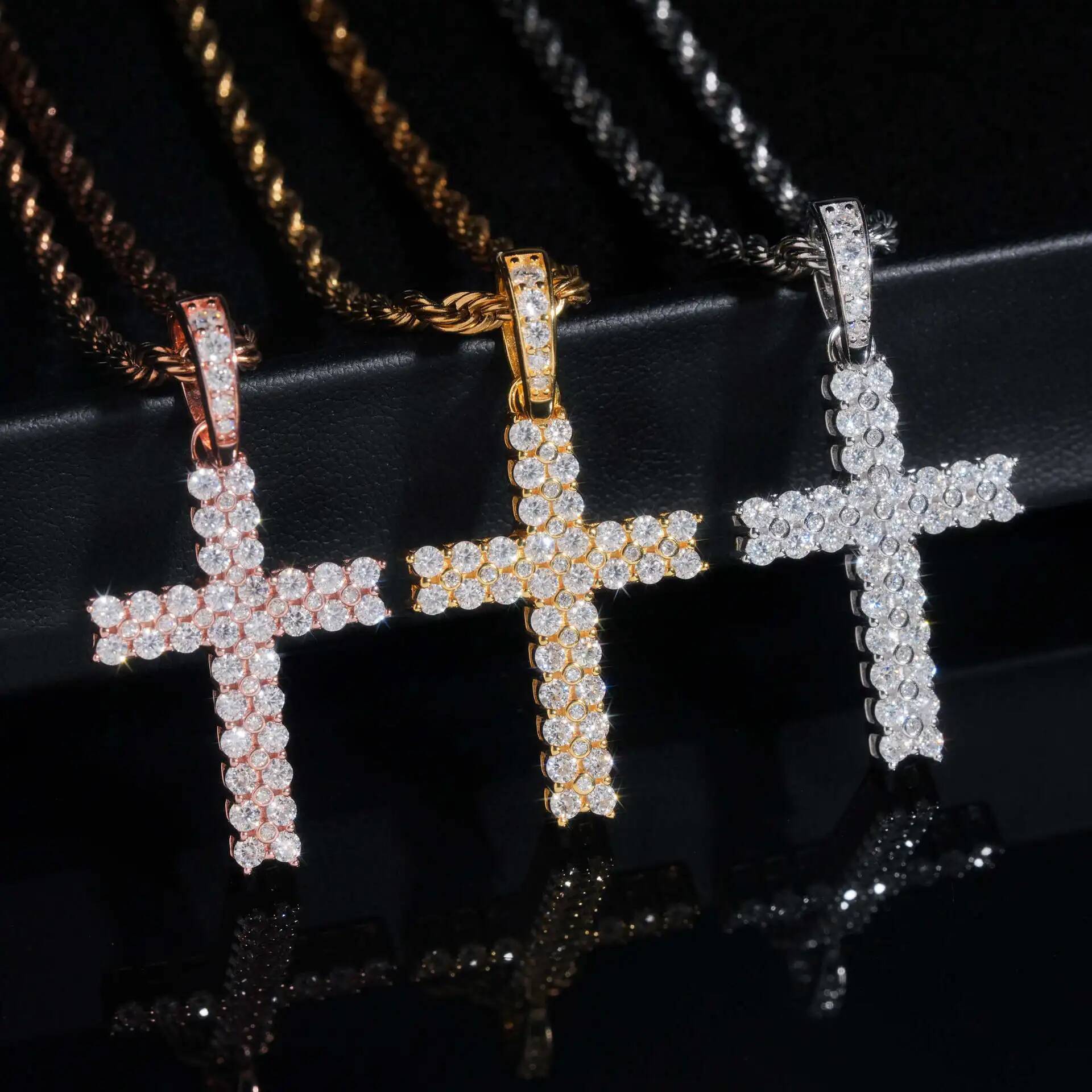 Double Row Moissanite Cross Pendant 925 Silver Hip Hop Jewelry Suitable for 4mm Tennis Chain