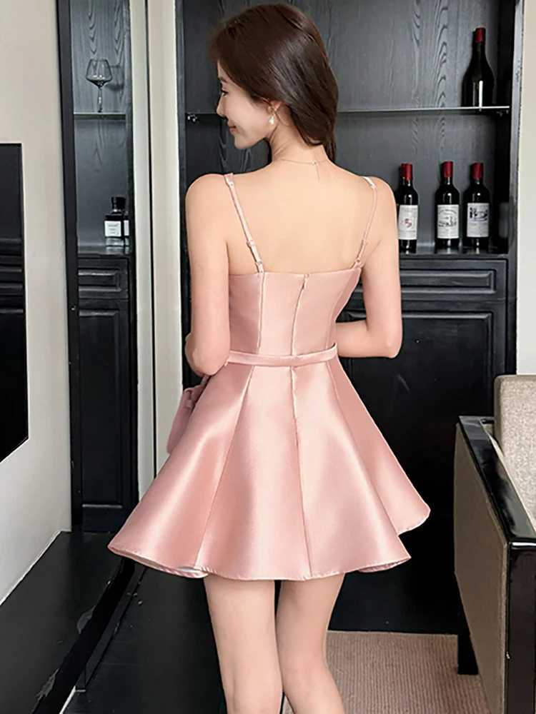 2025 Korean Vintage Luxury Women Pink Satin Chic Bow Bandage Bodycon Mini Dress Summer Elegant Sling Sexy A-Line Dress R250716