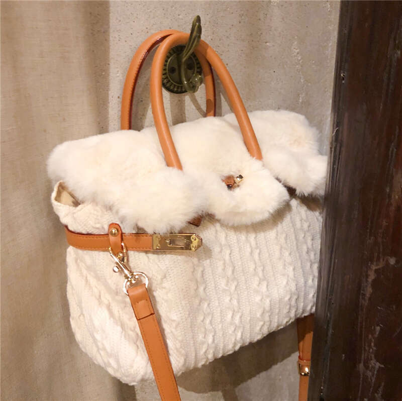 Autumn/Winter Fluffy Womens Wool Knit Handbag with Adorable Rabbit Fur Detail