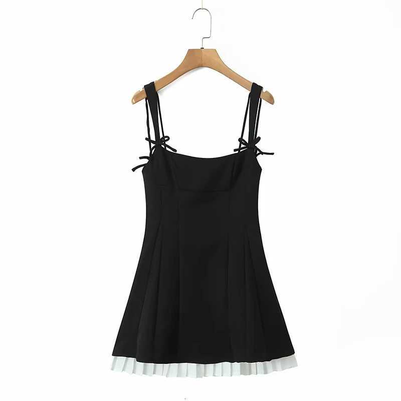 YENKYE Pink Black Sexy Spaghetti Straps Dress Women Pleated Hem Patchwork A-line Slim Mini Dresses Elegant Summer Dress R250716