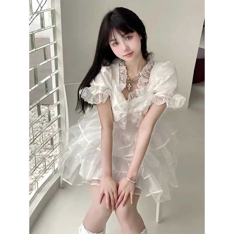 100% Cotton White Bow Mini Dress Women Japanese Lolita Party Lace Ruffles Dresses Summer Fairy Korean Elegant Bodycon Dresses R250716