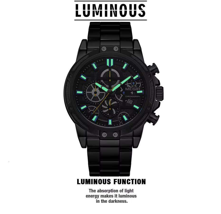 MEGIR 2108 Mens Quartz Watch Black Stainless Steel Band Chronograph Calendar Luminous Hands Waterproof Casual Simple Style