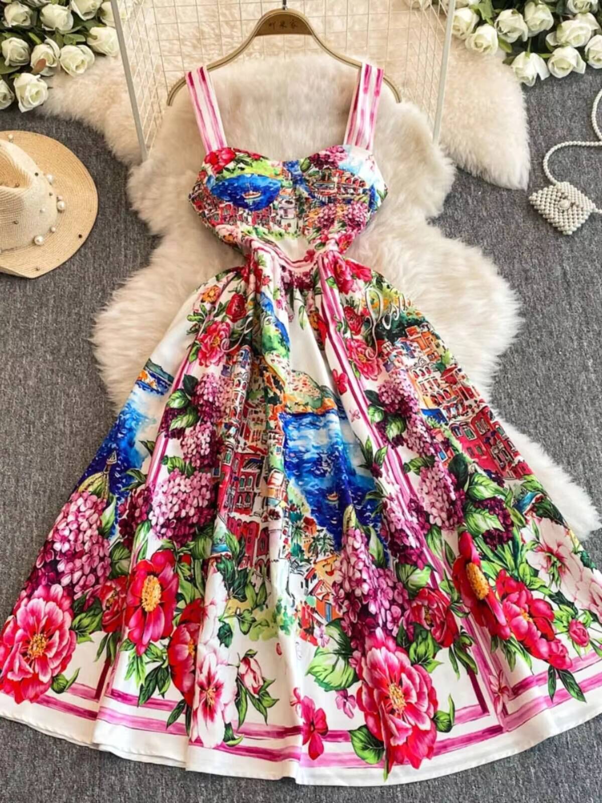 Designer Summer Holiday Floral Print Midi Prom Dress Women Bustier Corset Strechy Back Sundress Party Long Evening Dresses dongdumaoyi