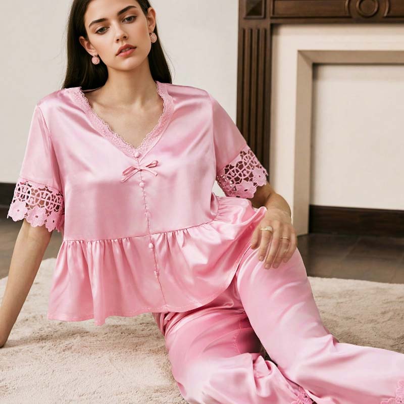 New Women's Spring/Summer Silk Color Lace Short Sleeve Long Pants Nightwear Set Homewear