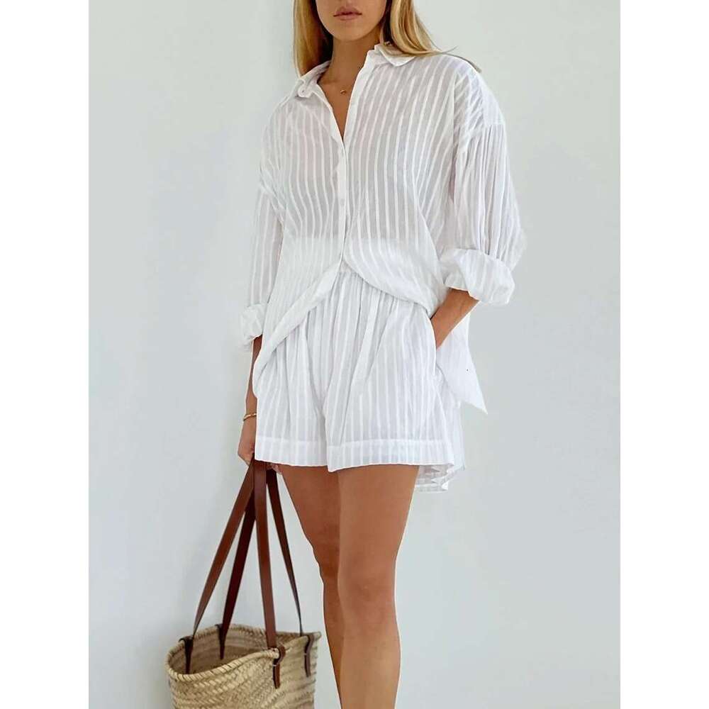 Summer New Women's White Striped Cotton Shirt And Shorts Set Casual Outfit B5