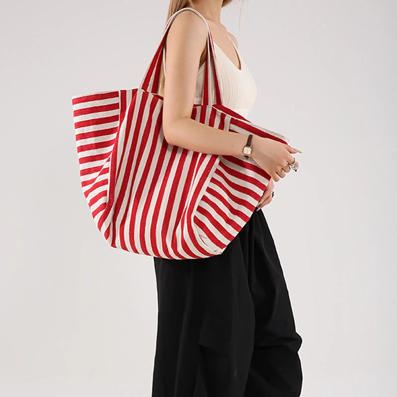 Simple Striped Shoulder Bag Large Capacity Canvas Women Shopper Tote Female Casual Multifunctional Travel Top-handle Handba 250714