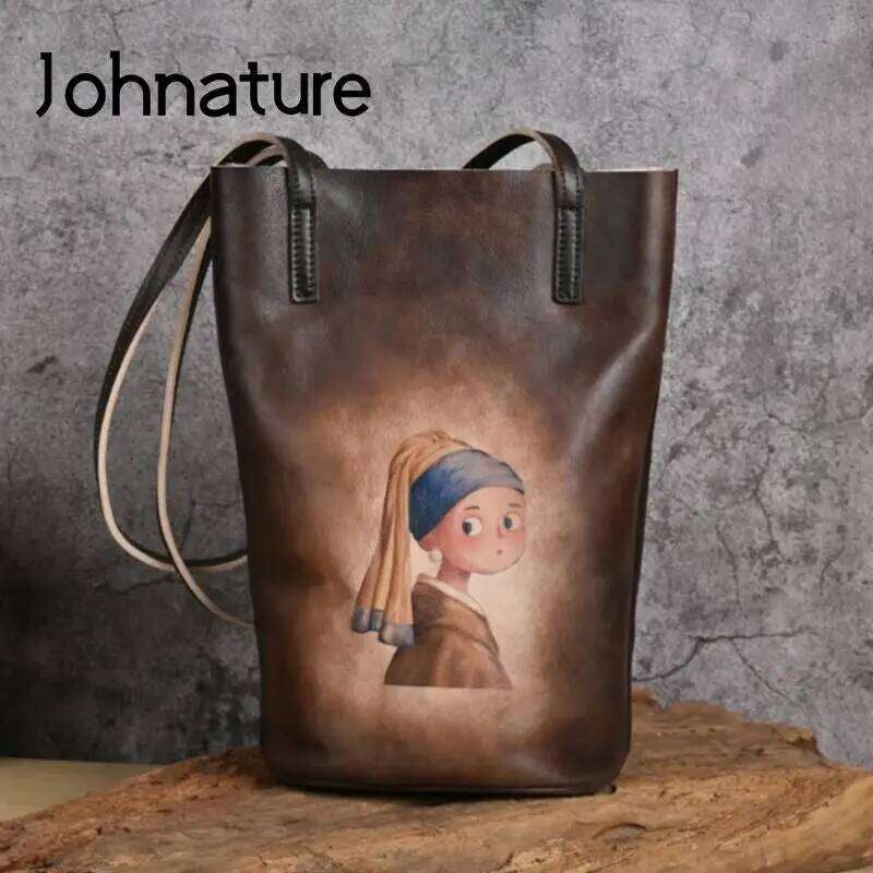 Johnature Retro Real Cowhide Hand-Printed Women Bag 2025 New Natural Genuine Leather Leisure Large Capacity Shoulder Bags